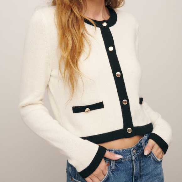 NWT Reformation Becka Cashmere Button Contrast Crewneck...